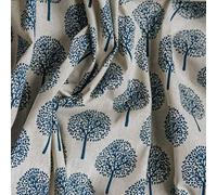 Navy Blue Tree Print on Natural Beige Cotton & Linen Light Canvas Mix Woven Fabric (by The Metre)