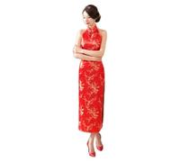 Navy Blue Vintage Lady Satin Evening Dress Chinese Novelty Backless Cheongsam Qipao Flower Size (Color : Red, Size : S)