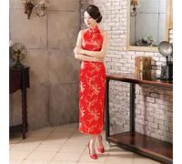 Navy Blue Vintage Lady Satin Evening Dress Chinese Novelty Backless Cheongsam Qipao Flower Size (Color : Red, Size : M)
