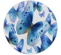 Navy Blue Washable Round Area Rug 60cm, Minimalist Style Soft Fluffy Circle Carpet Rug, Bright Colors Insects Butterflies Printed Short Pile Non Slip Floor Rugs for Entryway Living Room Bedroom