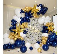 Navy Blue White and Gold Balloon Garland Arch Kit with Explosion Star Foil Balloons,5/10/12/18inch Blue Gold Confetti Latex Balloons for Graduation Anniversary Birthday Party Decorations