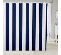 Navy Blue White Bath Curtain Vertical Stripes Pastel Shower Curtain Hotel Holiday Style Bathroom Sets for Kids Boys Girls Abstract Geometric Art Fabric Curtains Sets Waterproof 72" W X 72" L