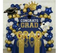 Navy blue White Gold Balloon Garland Arch Kit with backdrop Stars Graduation Cap crown GRAD Letters Mylar Balloons for 2026 graduate Prom Decorations