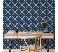 Navy Blue White Linear Curve Wavey Lines Minimalist Feature Wallpaper