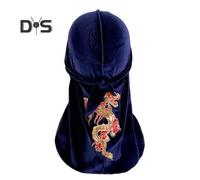 (navy blue) Women Kerchief Chinese Style Dragon Embroidery Lace-up Strap Adjustable Golden Velvet Windproof Solid Color Pirate Headcloth Nobility Symbol Scarf