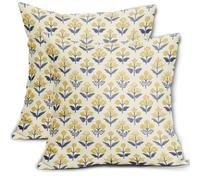 Navy Blue Yellow Floral Block Print Pillow Covers 18x18 Inch Set of 2, Vintage Flower Pattern Decorative Throw Pillowcases Outdoor Farmhouse Cushion Covers Spring Summer Rustic Sofa Couch Bed Decor