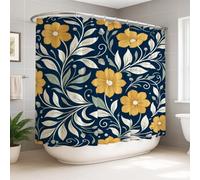 Navy Blue Yellow Floral Botanical Flowers Shower Curtain 108x72 Inch