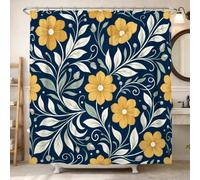 Navy Blue Yellow Floral Botanical Flowers Shower Curtain 72x84 Inch