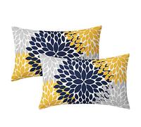 Navy Blue Yellow Pillow Covers 12x20 in Yellow Gray Dahlia Floral Geometric Pillow Cases Set of 2 Elegant Flower Lumbar Throw Pillows Spring Summer Home Decor for Couch Room Bed Cushion Outdoor