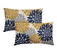 Navy Blue Yellow Pillow Covers 12X20 Inch Set of 2, Modern Geometry Dahlia Floral Print Decorative Rectangle Throw Pillow Covers Outdoor Farmhouse Cushion Case for Home Couch Sofa Bed Decoration
