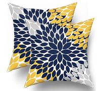 Navy Blue Yellow Pillow Covers 16x16 In Yellow Gray Dahlia Floral Geometric Pillow Cases Set of 2 Elegant Geometry Flower Throw Pillows Spring Summer Home Decor for Couch Room Bed Cushion Outdoor