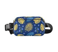Navy Blue Yellow Tropical Leaf Cute Fanny Pack Waist Bag for Women Men Mini Crossbody Passport Bag with Adjustable Strap for Workout Running Hiking