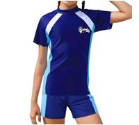 Navy Boys & Girls' Modest 2-Piece Rash Guard Swimsuit - UV Protection Swimming Costume Quick-Drying Surf Swimwear Floral Beach Bathing Suit with Swim Shorts 14 Years