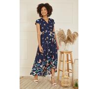 Navy Butterfly Print Dip Hem Midi Wrap Dress Yumi Navy 8