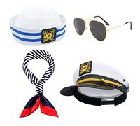 Navy Captain Hat and Sunglasses, Scarf Set Sailor Hat's Adjustable Captains Hat for Men and Women Parts for Adults