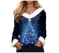 Navy Christmas Tree Snowflake Print Graphic Sweatshirt - Women's Long Sleeve Novelty Hoodie with Fur Trim - V Neck Pullover Sweater - Xmas Holiday Party Shirt (XXXL)