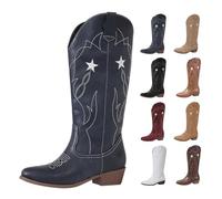 Navy Cowboy Boots,Ladies Cowgirl Cow Boy Boots for Women Block Heel PU Leather Knee High Cowgirl Boot ,Comfortable and Fashion Pull on Western Pointed Toe Star Embroidered Booties Footwear UK 6.5