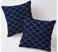Navy Cushion Covers 35x35 cm Set of 2 Square Decorative Throw Pillow Cases Linen Sofa Pillowcases Abstract Geometry Patterned Garden Cushions for Room Home Bed Bench Patio Chair Decor, Gifts C-459