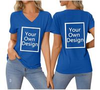 Navy Custom Shirt V-Neck Women Personalized Gifts Add Your Image Text T-Shirt Design Photo Front/Back Print Customized Tee Short Sleeve Tunic Loose Fit Tshirts