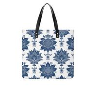 Navy Ethnic Floral Square PU Leather Tote Bag