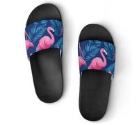 Navy Flamingo Print Unisex Slide Slippers, Summer House Shoes Indoor Outdoor Beach Hotel Anti-Skid Slippers