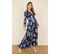 Yumi Navy Floral Pleated Midi Wrap Long Sleeve Dress (UK, Numeric, 8, Regular, Regular, Navy)