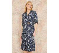 Navy Floral Print Pleated Skater Dress With Buckle Yumi Navy 10