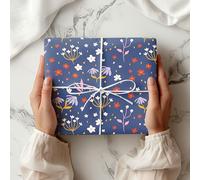 Navy Floral Wrapping Paper Sheet - Boho Wildflower Gift Wrap with Purple, Red, White Flowers - Birthday, Baby Shower, Wedding, Pretty Present W46 (Small Sheet - 30 x 40cm/ 11.8" x 15.7" inches)