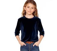 Navy Girls' Solid Color Velvet 3/4 Sleeve Tops - Crew Neck School T-Shirts Casual Outing Tshirts Loose Fitting Velour Tees Tunic Lightweight Pullover Sports Activewear 3 Years