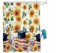 Navy Graduation Cap Shower Curtain for Bathroom, Yellow Sunflower Flower Vintage Books Butterfly Waterproof Cloth Fabric Bathroom Accessories Set with 12 Rust Proof Plastic Hooks, 66” x 72”