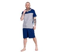 (Navy/Grey, M) Mens Short Pyjama Set 100% Cotton Soft Jersey Hooded Top Loungewear Set