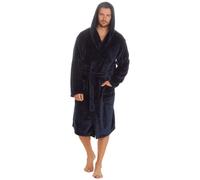 (Navy Hooded, 5XL) Mens Plain Hooded Shawl Collar Dressing Gown Plush Fleece Robe Big & Tall Plus Sizes M-5Xl