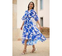 Navy Kimono Sleeves Midi Dip Hem Wrap Midi Dress Yumi Blue 16