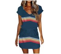 Navy Ladies Summer Dresses with Pockets Short Sleeve Drawstring Waist Mini Dresses Soilid Colour Striped Print Colorblock Short Shift Dress V Neck Cap Sleeve T Shirt Dress Beach XXL