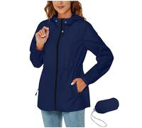 Navy Light Rain Jacket Women Packable Waterproof Jacket Lightweight Raincoat Hooded Raincoat Ladies Jackets Drawstring Zipper Rain Coats Long Raincoats Trench Coats Outdoor Softshell Jackets S