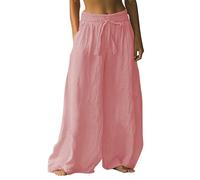 Navy Linen Trousers Women Wide LGE Palazzo Pants Solid Color Loose Boho Trouser Ladies Summer Lounge Capri Yoga Casual Straight Leg Bottoms Prime with Day