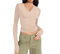 Navy Long Sleeve Top Thermal Vests Thermal Body Women's Long Sleeve V Neck Short Top T Shirt Basic Solid Tight Tailored Short Top Ladies Vests Underwear Camisole Cozy Wool Hoodie (Khaki, S)