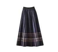 Navy Midi Skirts for Women UK Pleated Wool Skirts Winter Long Tartan Elasticated Waist Boho Casual Flared A Line Swing