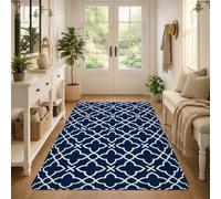 Navy Moroccan Quatrefoil Lattice Geometric Area Rug 3' X 5' | Geometric Lattice Print, Navy Blue And White Colorway, Crisp Graphic Lines, Modern Home Decor, Entryway Floor Accents