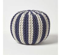 (Navy & Off White, 35 x 40 cm) Knitted Pouffe Striped Footstool
