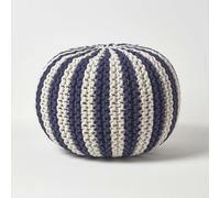 (Navy & Off White, 40 x 50 cm) Knitted Pouffe Striped Footstool