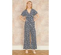 Yumi Navy Geometric Print Jumpsuit, Wide Leg, V-Neck, Short Angel Sleeves, 135cm Length (Navy, 16)