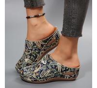 Navy Paisley Print Wedge Mules for Women, Closed Toe Floral Canvas Slip On Cutout Comfort Walking Clogs