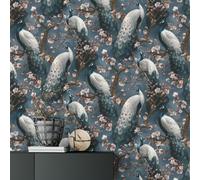 Navy Peacock Wallpaper Pink White Blossom Tree Fabric Effect Textured Finish