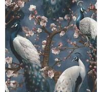 Navy Peacock Wallpaper Pink White Blossom Tree Textured Vinyl Paste The Wall