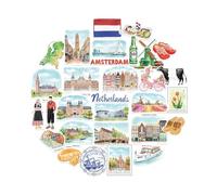 Navy Peony Artistic Netherlands Statement Stickers - Hand-Illustrated Watercolour, Glossy, Waterproof - for Suitcases, Laptops, Water Bottles (28-Piece Set)