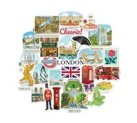 Navy Peony Bustling London Statement Stickers - Hand-Painted Watercolour, Glossy, Waterproof - for Suitcases, Laptops, Water Bottles (28-Piece Set)