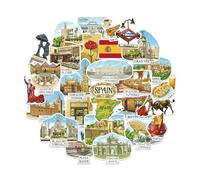 Navy Peony Central-Southern Spain Travel Stickers (28pcs) - Gouache Style, Madrid, Seville-Themed Vacation Decals for Scrapbooks, Journal, Tumbler