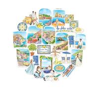 Navy Peony Coastal Italy Statement Stickers - Hand-Illustrated Watercolour, Glossy, Waterproof - for Suitcases, Laptops, Water Bottles (29-Piece Set)