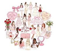 Navy Peony Coquette Girl Fashion Stickers (28pcs) - Pastel Pink, Feminine Lifestyle-Themed Vacation Decals for Journals, Scrapbooks, Luggage, Tumbler